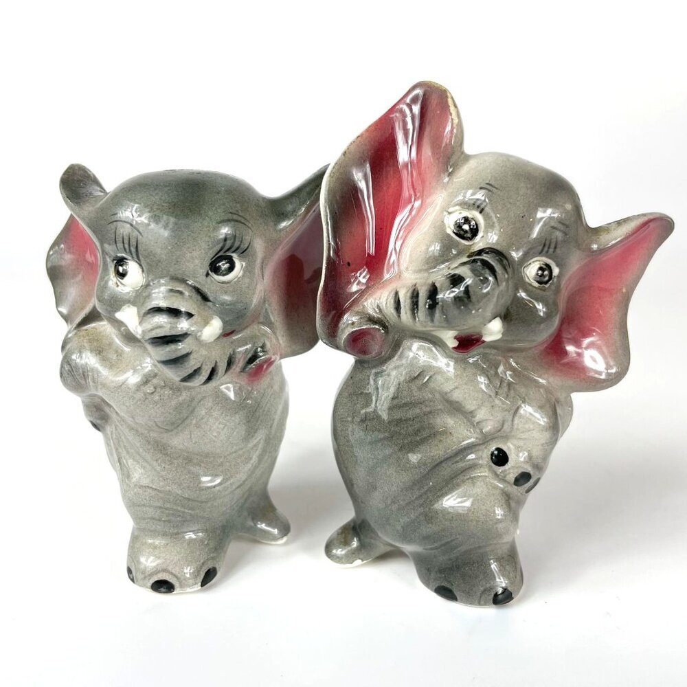 Vintage Elephant Gray Anthropomorphic Ceramic Salt  Pepper Shakers